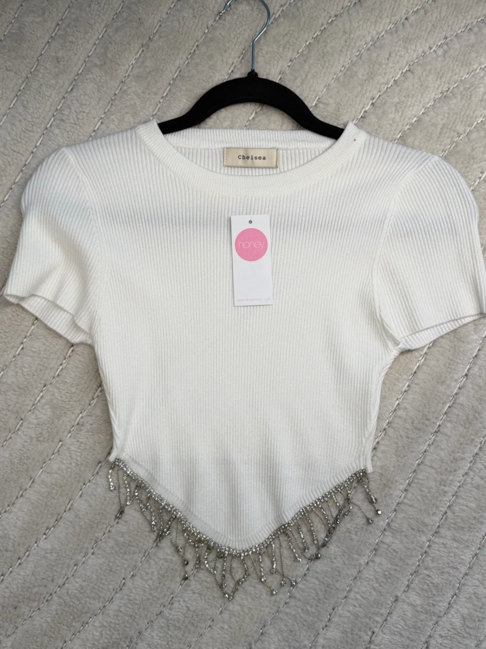 HONEY White Ribbed Short Sleeve Top with Beaded Shiny Fringe